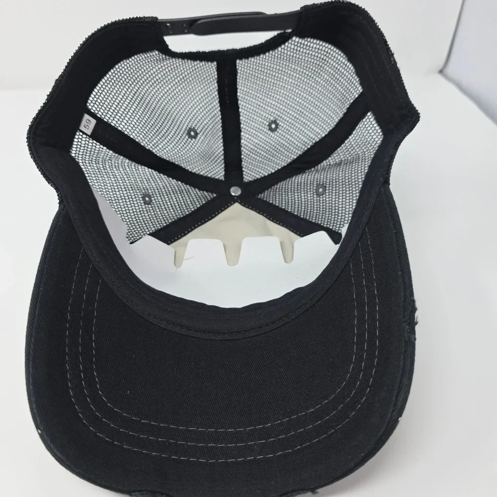 My Addiction Trucker Hat OSFM Deer Skull Graphic Distressed Snapback Black Tan